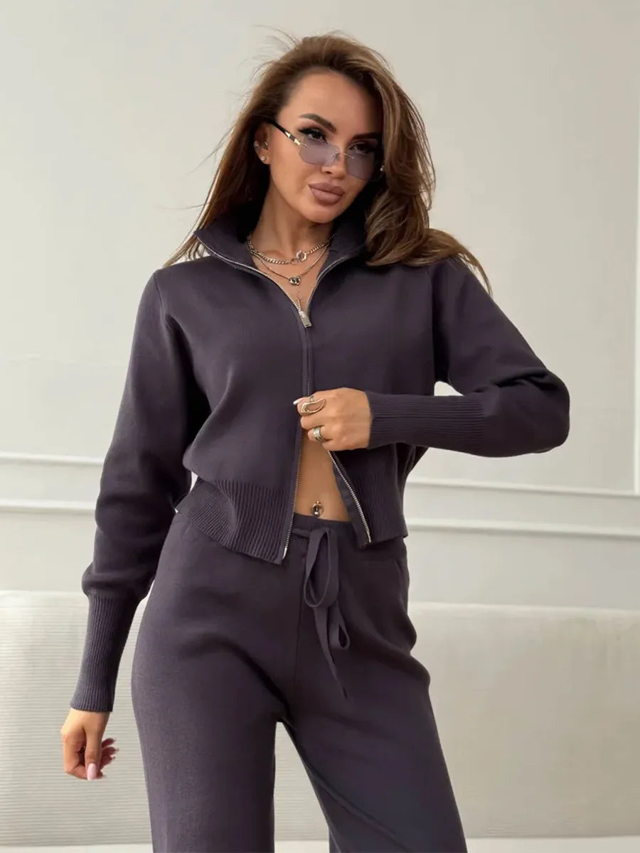 Women's Matching Sets Bornladies Women's New Knit Zip Up Cardigan Wide Leg Pants Set Soft Fabric Cropped Elastic Waist Autumn Winter Fashion Sweater