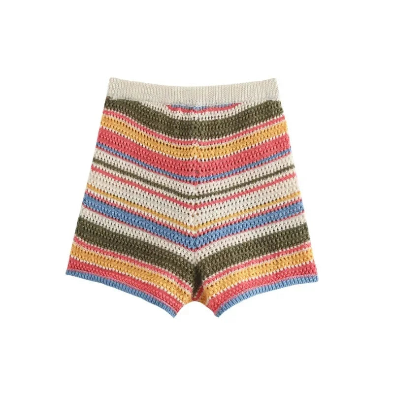 Color Stripe Knit Set Women Short Polo Neck Crop Top Retro Beach Shorts 2025 Summer Vacation Matching Outfit