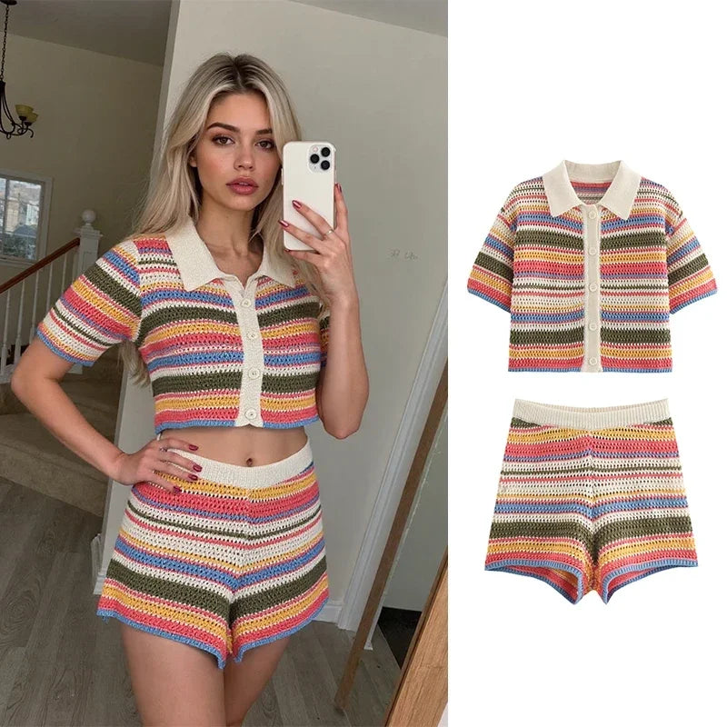 Color Stripe Knit Set Women Short Polo Neck Crop Top Retro Beach Shorts 2025 Summer Vacation Matching Outfit