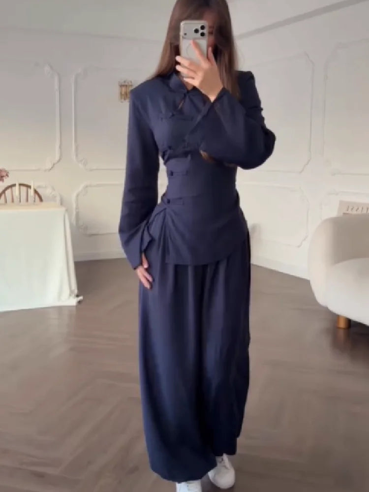 Modern Cheongsam Inspired 2 Piece Set for Women Elegant High Neck Waist Slimming Top Casual Wide Leg Pants 2026 New Commuting Clothing