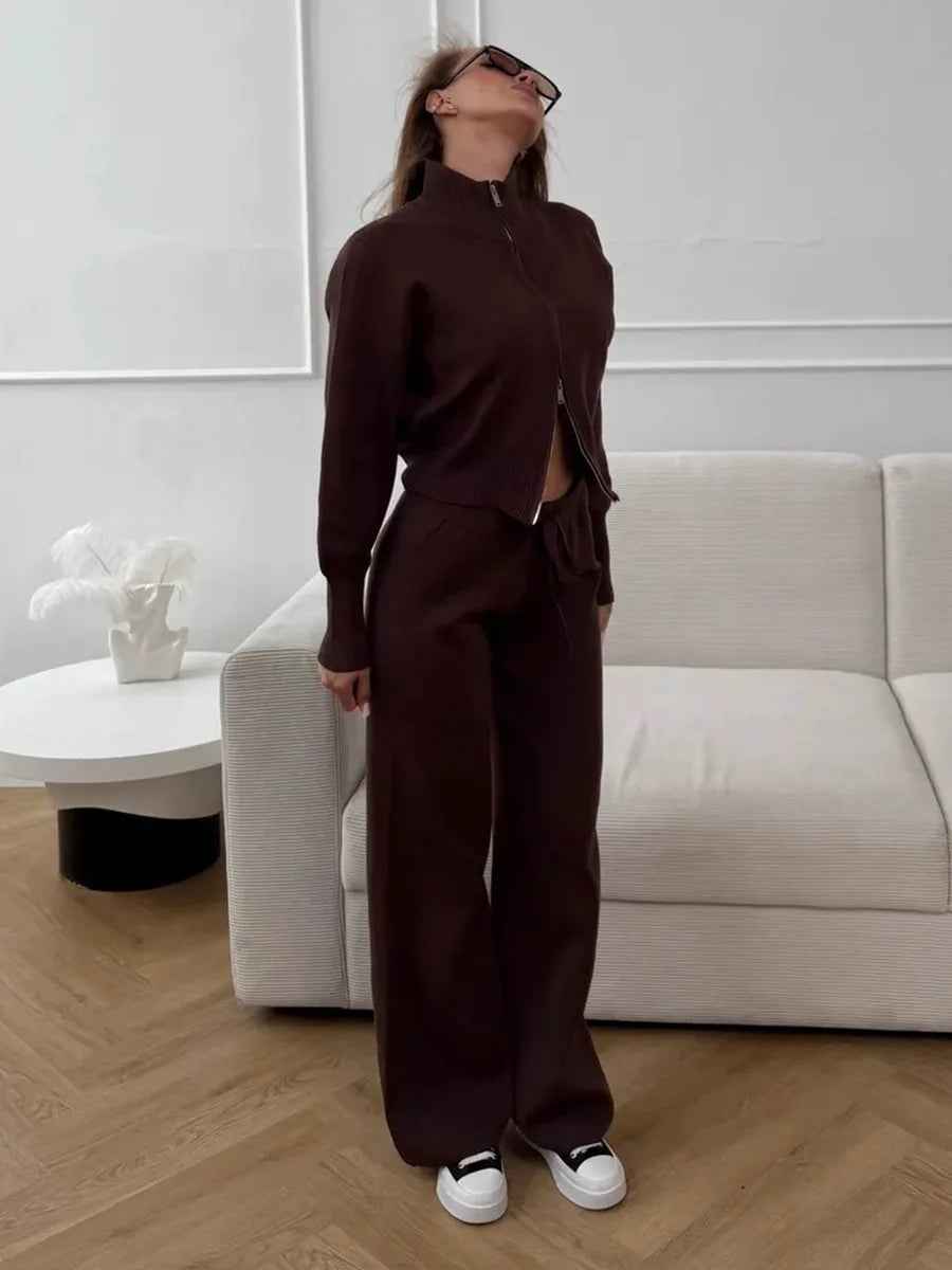 Women's Matching Sets Bornladies Women's New Knit Zip Up Cardigan Wide Leg Pants Set Soft Fabric Cropped Elastic Waist Autumn Winter Fashion Sweater