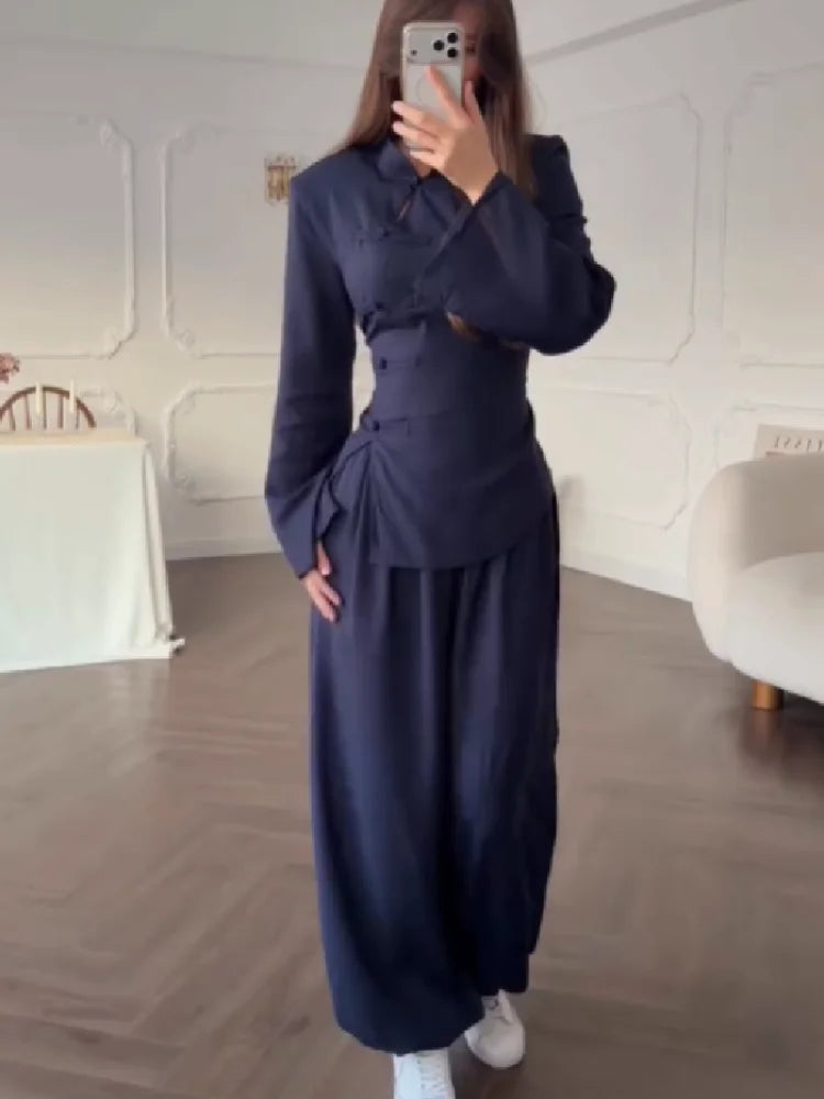 Modern Cheongsam Inspired 2 Piece Set for Women Elegant High Neck Waist Slimming Top Casual Wide Leg Pants 2026 New Commuting Clothing