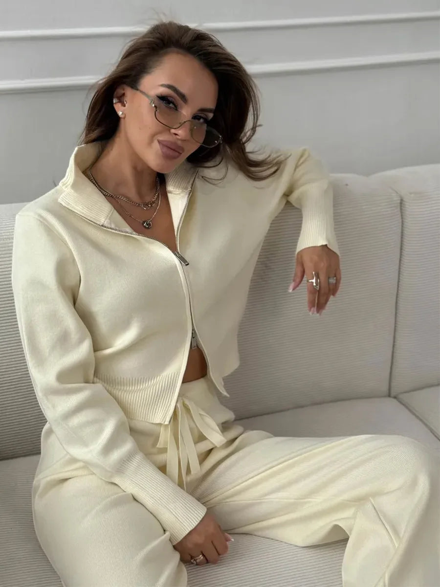 Women's Matching Sets Bornladies Women's New Knit Zip Up Cardigan Wide Leg Pants Set Soft Fabric Cropped Elastic Waist Autumn Winter Fashion Sweater