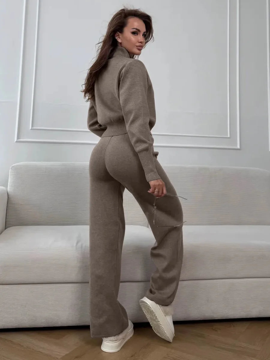 Women's Matching Sets Bornladies Women's New Knit Zip Up Cardigan Wide Leg Pants Set Soft Fabric Cropped Elastic Waist Autumn Winter Fashion Sweater