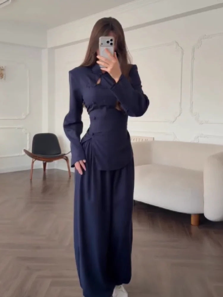Modern Cheongsam Inspired 2 Piece Set for Women Elegant High Neck Waist Slimming Top Casual Wide Leg Pants 2026 New Commuting Clothing