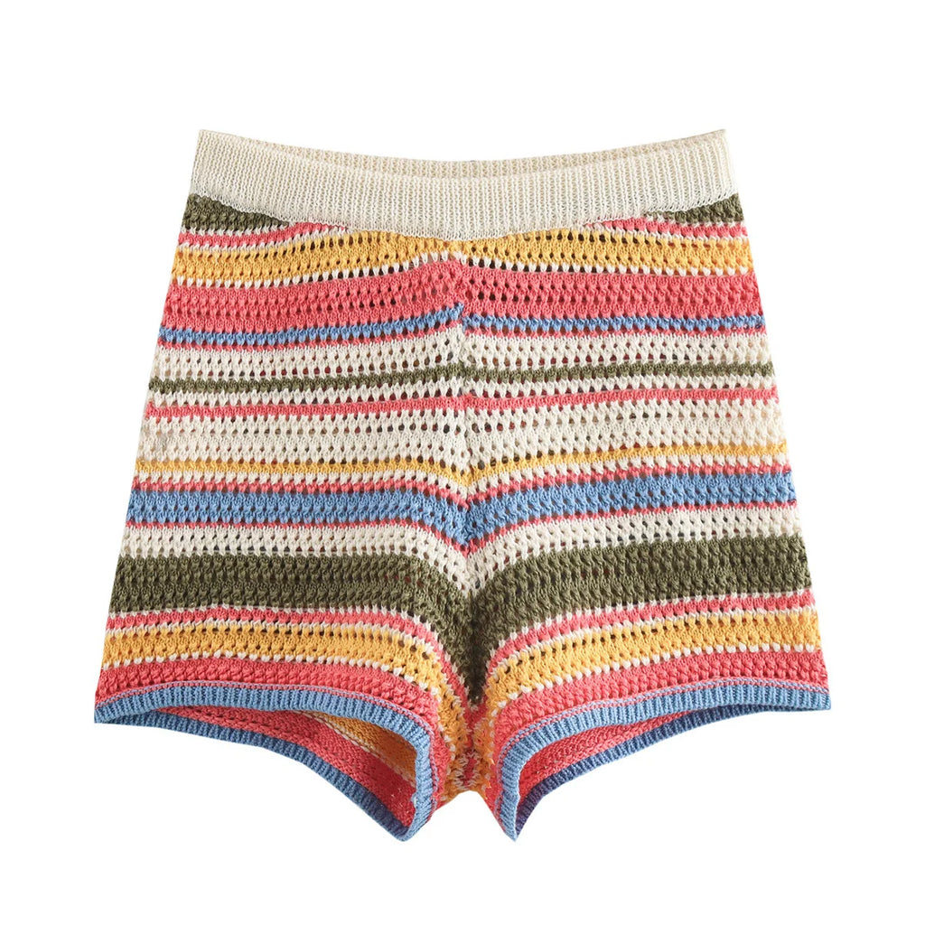 Color Stripe Knit Set Women Short Polo Neck Crop Top Retro Beach Shorts 2025 Summer Vacation Matching Outfit