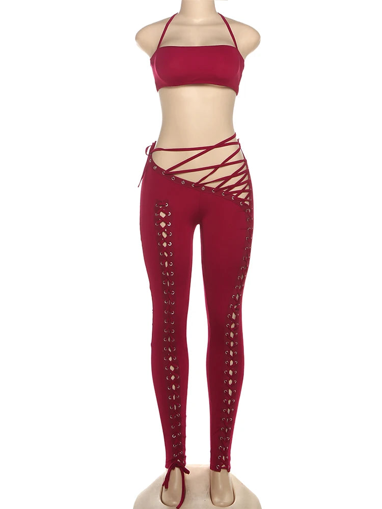 Matching 2 piece Set for Women Hipster Halter Camisole+Shirring Hollow Pants Midnight Matching Stretch Clubwear Skinny Outfits