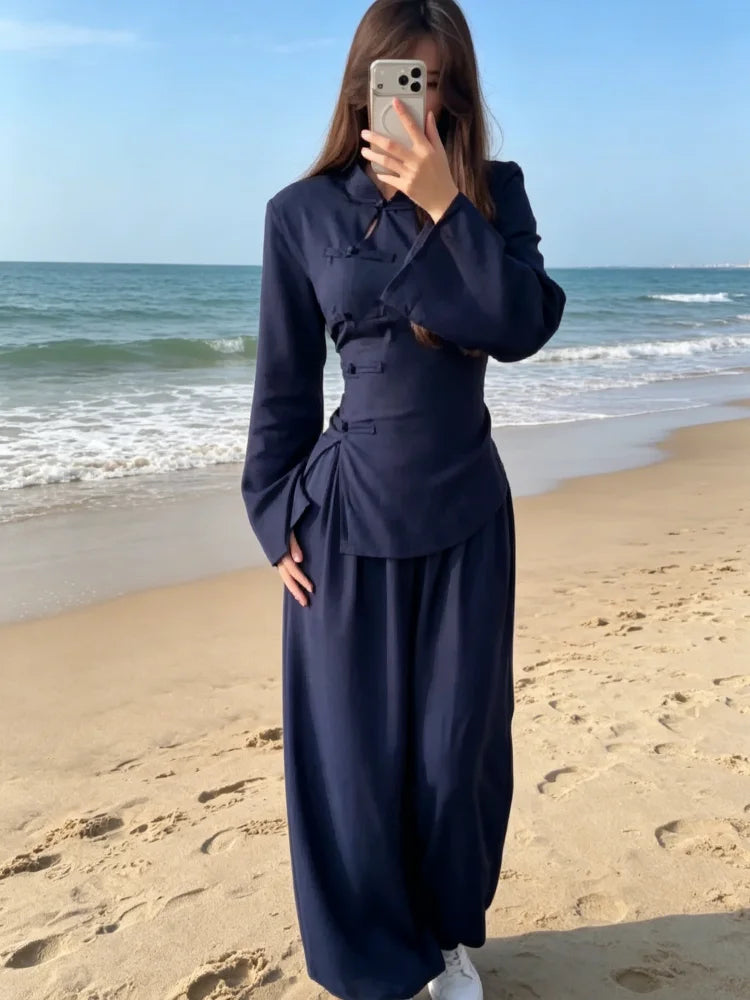 Modern Cheongsam Inspired 2 Piece Set for Women Elegant High Neck Waist Slimming Top Casual Wide Leg Pants 2026 New Commuting Clothing