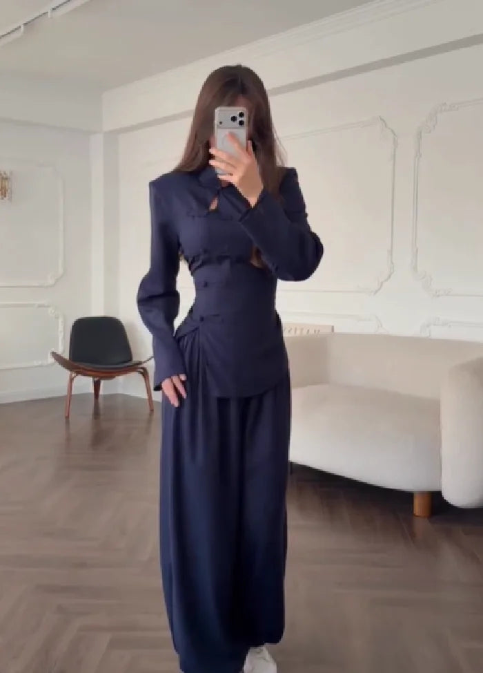 Modern Cheongsam Inspired 2 Piece Set for Women Elegant High Neck Waist Slimming Top Casual Wide Leg Pants 2026 New Commuting Clothing