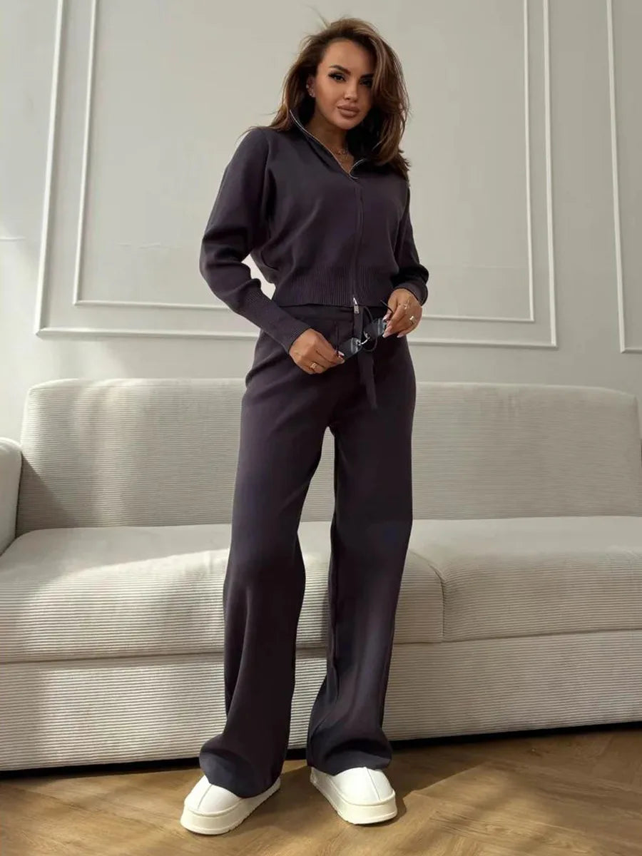 Women's Matching Sets Bornladies Women's New Knit Zip Up Cardigan Wide Leg Pants Set Soft Fabric Cropped Elastic Waist Autumn Winter Fashion Sweater