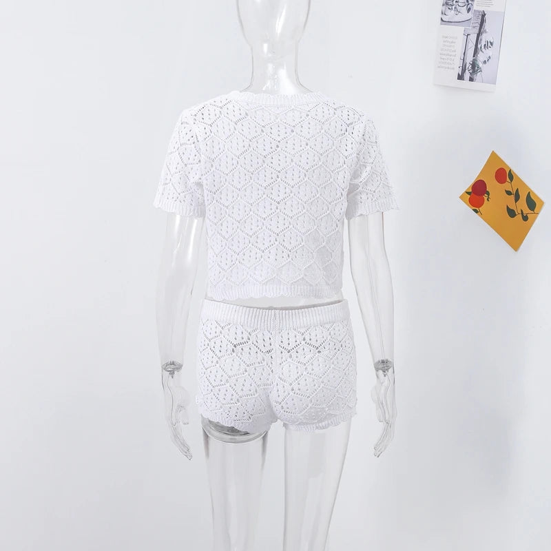Cute Sexy Short Sleeve Top Shorts Crochet Knit Women Set Boho Beach Chic Female Playful Stylish Casual Outfit