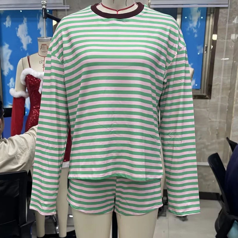 Women Matching 2 Piece Set Striped Lounge Set Preppy Oversized Long Sleeve T-Shirt Tops and Shorts Matching Suit Spring Fall Casual Outfits