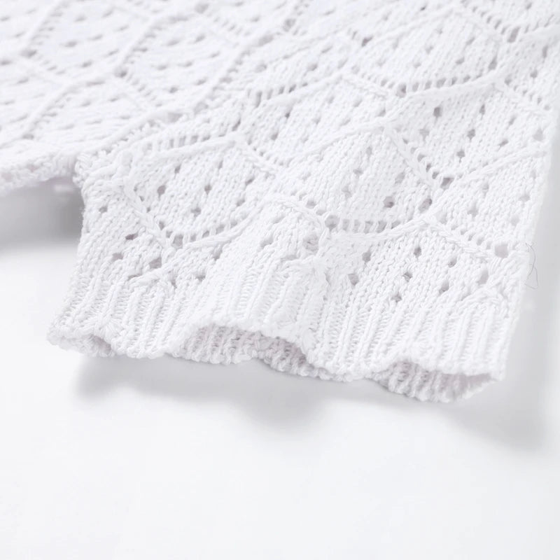 Cute Sexy Short Sleeve Top Shorts Crochet Knit Women Set Boho Beach Chic Female Playful Stylish Casual Outfit