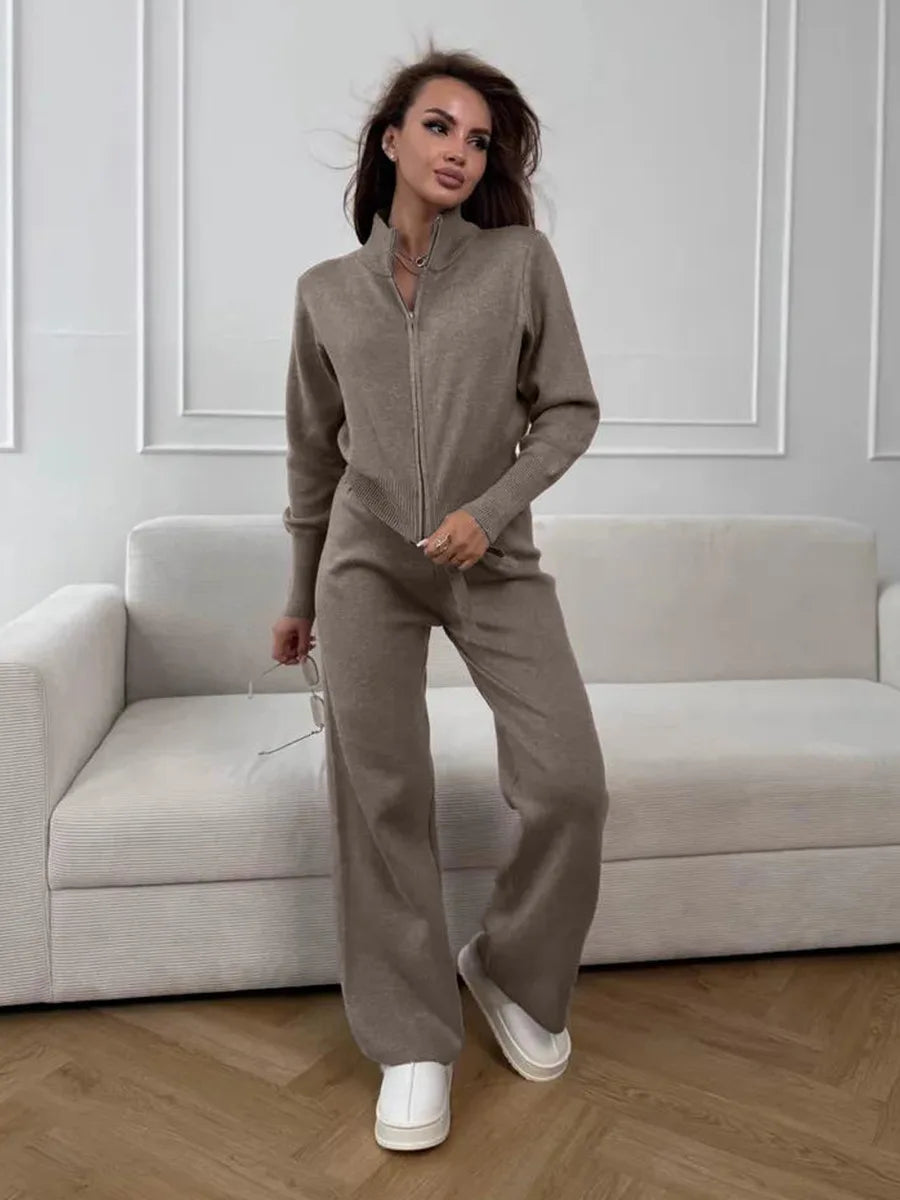 Women's Matching Sets Bornladies Women's New Knit Zip Up Cardigan Wide Leg Pants Set Soft Fabric Cropped Elastic Waist Autumn Winter Fashion Sweater