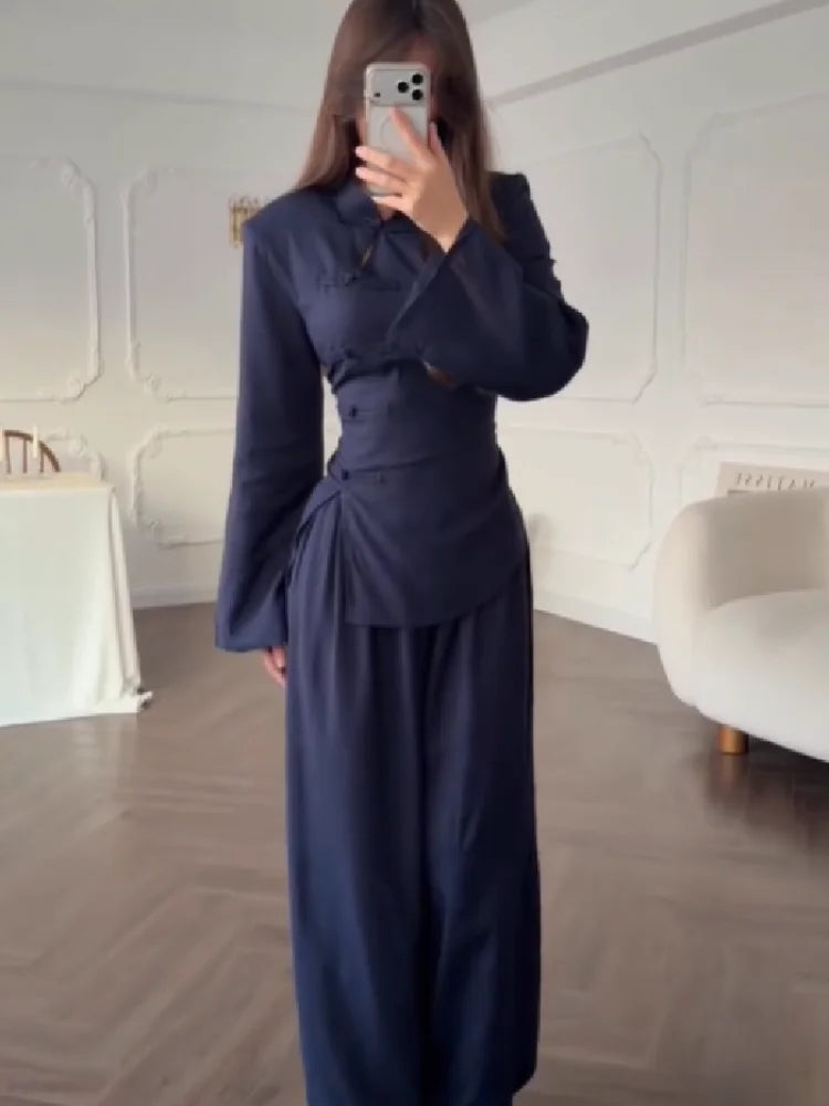 Modern Cheongsam Inspired 2 Piece Set for Women Elegant High Neck Waist Slimming Top Casual Wide Leg Pants 2026 New Commuting Clothing