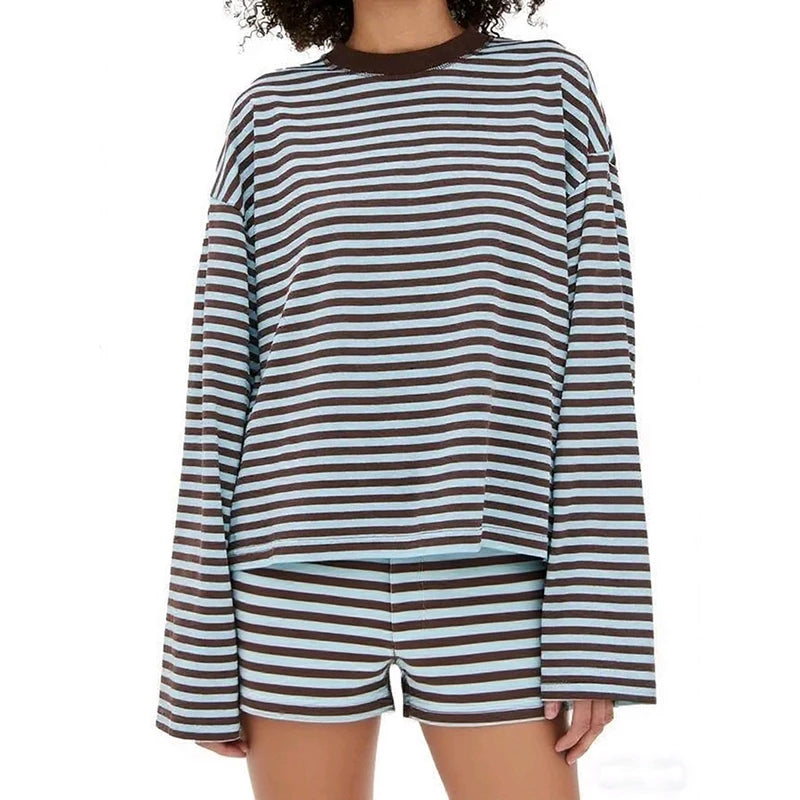 Women Matching 2 Piece Set Striped Lounge Set Preppy Oversized Long Sleeve T-Shirt Tops and Shorts Matching Suit Spring Fall Casual Outfits