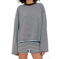 Women Matching 2 Piece Set Striped Lounge Set Preppy Oversized Long Sleeve T-Shirt Tops and Shorts Matching Suit Spring Fall Casual Outfits
