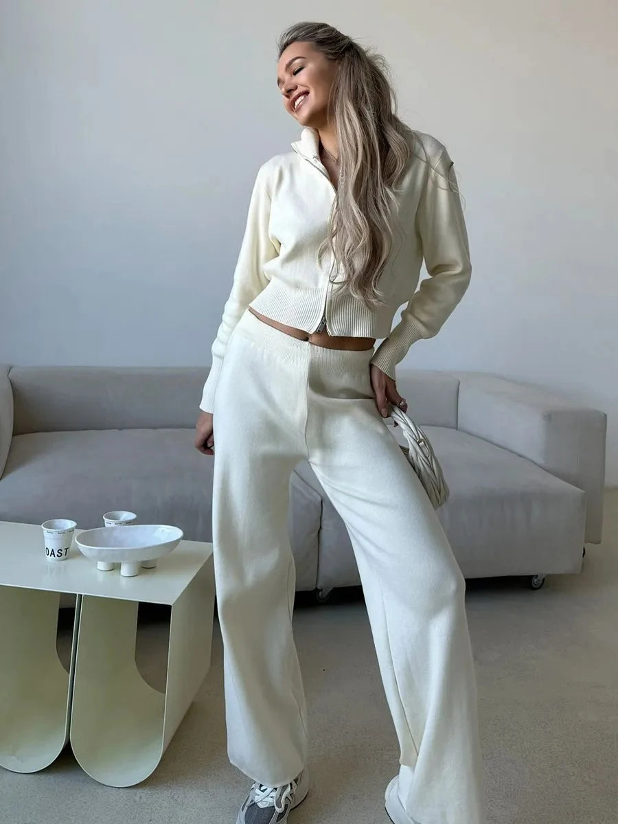 Women's Matching Sets Bornladies Women's New Knit Zip Up Cardigan Wide Leg Pants Set Soft Fabric Cropped Elastic Waist Autumn Winter Fashion Sweater