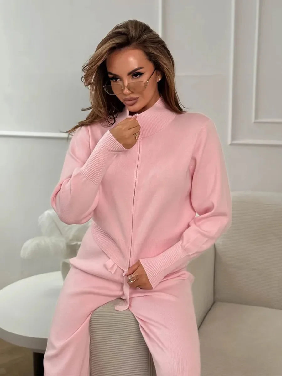Women's Matching Sets Bornladies Women's New Knit Zip Up Cardigan Wide Leg Pants Set Soft Fabric Cropped Elastic Waist Autumn Winter Fashion Sweater