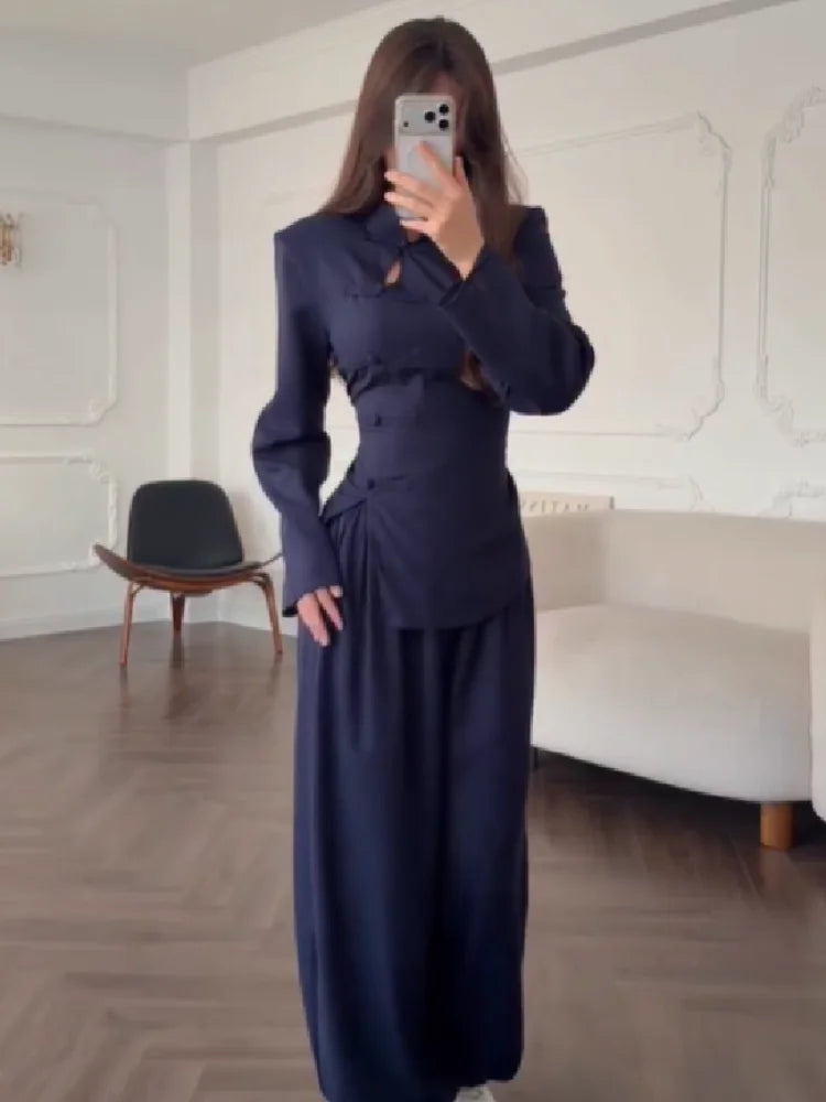 Modern Cheongsam Inspired 2 Piece Set for Women Elegant High Neck Waist Slimming Top Casual Wide Leg Pants 2026 New Commuting Clothing