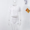 Cute Sexy Short Sleeve Top Shorts Crochet Knit Women Set Boho Beach Chic Female Playful Stylish Casual Outfit