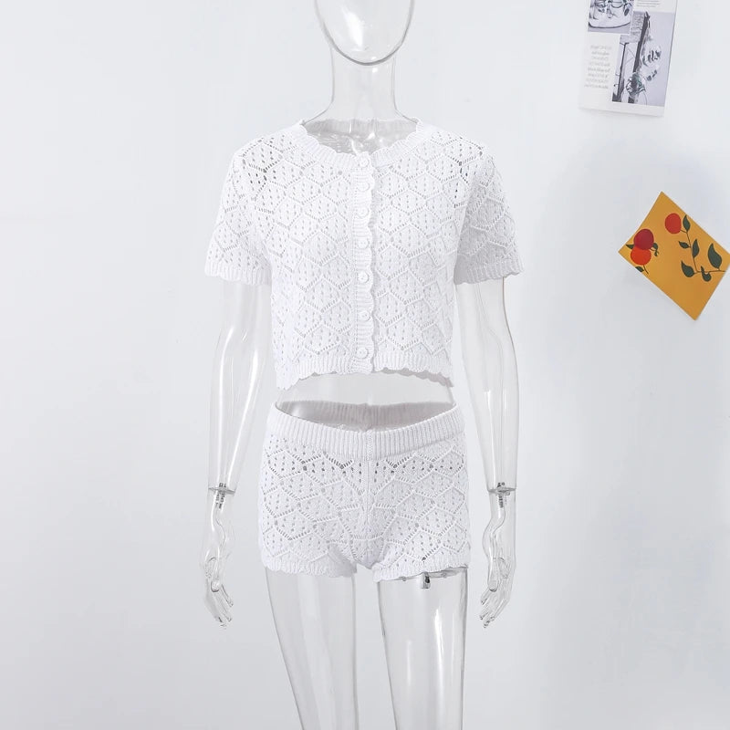 Cute Sexy Short Sleeve Top Shorts Crochet Knit Women Set Boho Beach Chic Female Playful Stylish Casual Outfit