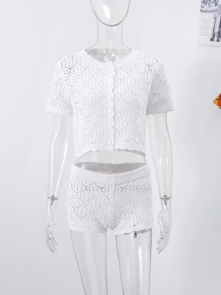 Cute Sexy Short Sleeve Top Shorts Crochet Knit Women Set Boho Beach Chic Female Playful Stylish Casual Outfit