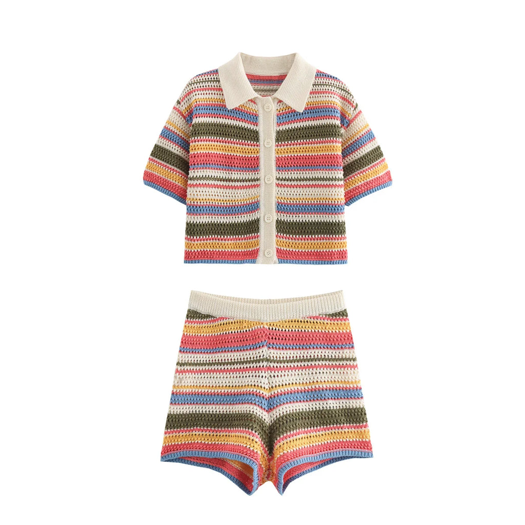 Color Stripe Knit Set Women Short Polo Neck Crop Top Retro Beach Shorts 2025 Summer Vacation Matching Outfit