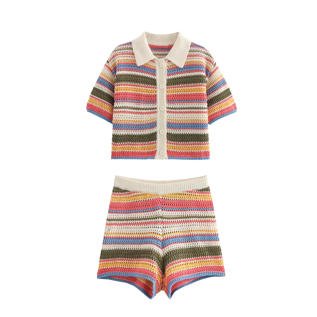 Color Stripe Knit Set Women Short Polo Neck Crop Top Retro Beach Shorts 2025 Summer Vacation Matching Outfit