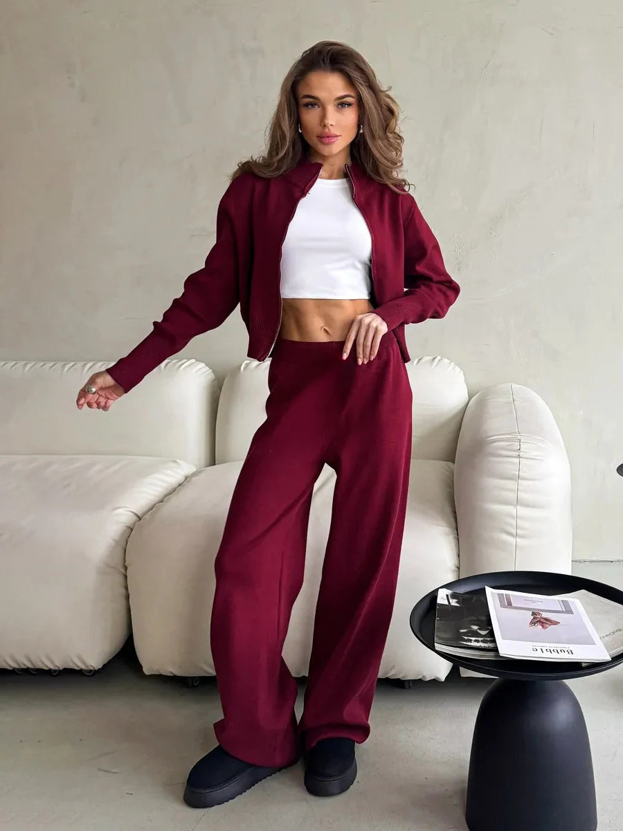 Women's Matching Sets Bornladies Women's New Knit Zip Up Cardigan Wide Leg Pants Set Soft Fabric Cropped Elastic Waist Autumn Winter Fashion Sweater