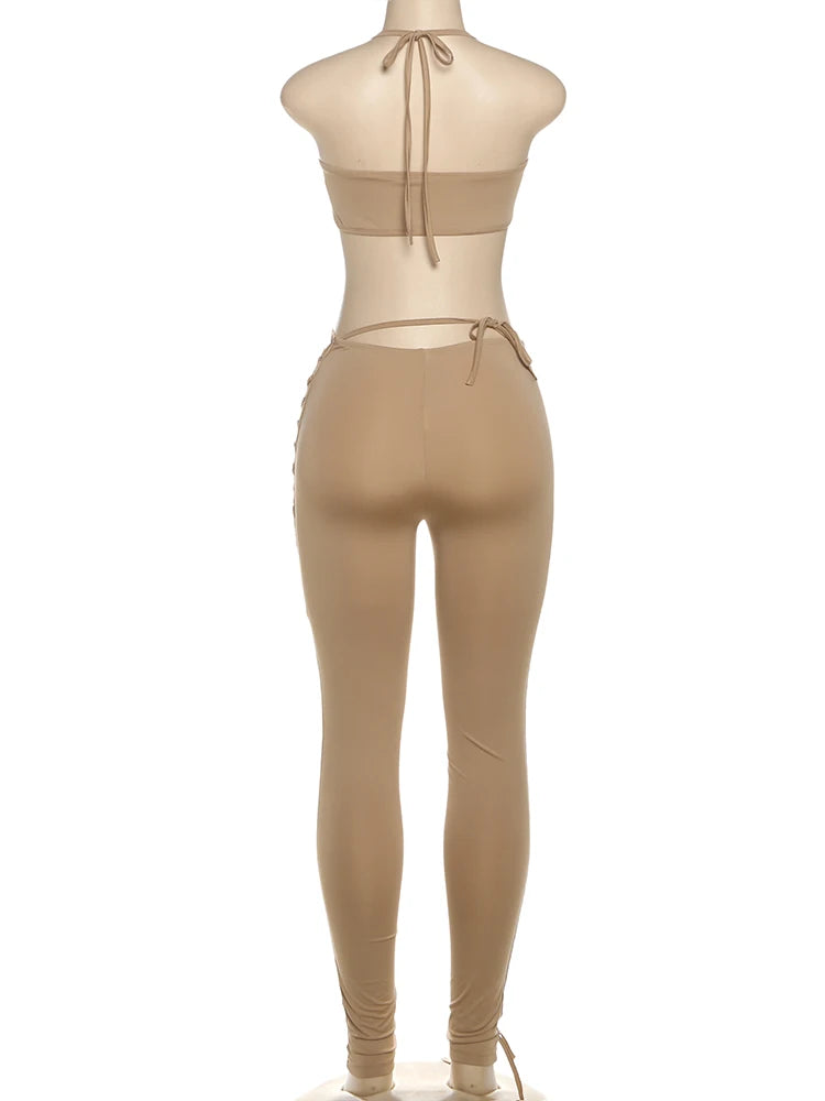 Matching 2 piece Set for Women Hipster Halter Camisole+Shirring Hollow Pants Midnight Matching Stretch Clubwear Skinny Outfits