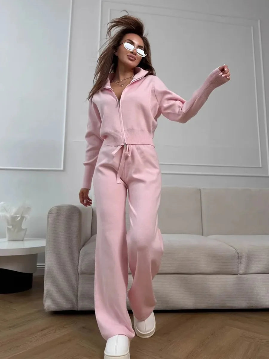 Women's Matching Sets Bornladies Women's New Knit Zip Up Cardigan Wide Leg Pants Set Soft Fabric Cropped Elastic Waist Autumn Winter Fashion Sweater