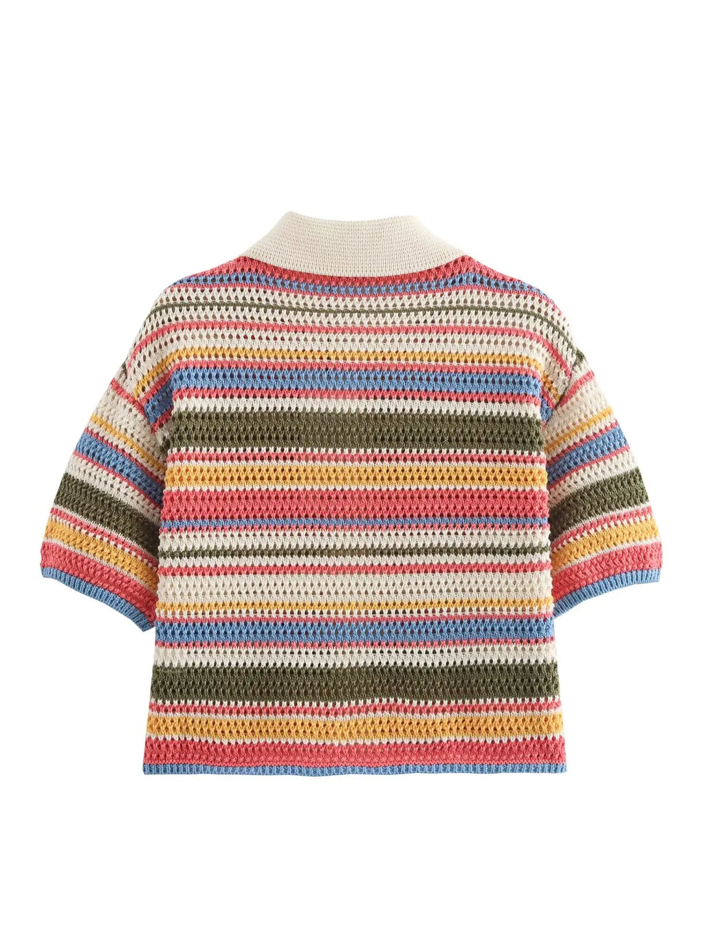 Color Stripe Knit Set Women Short Polo Neck Crop Top Retro Beach Shorts 2025 Summer Vacation Matching Outfit