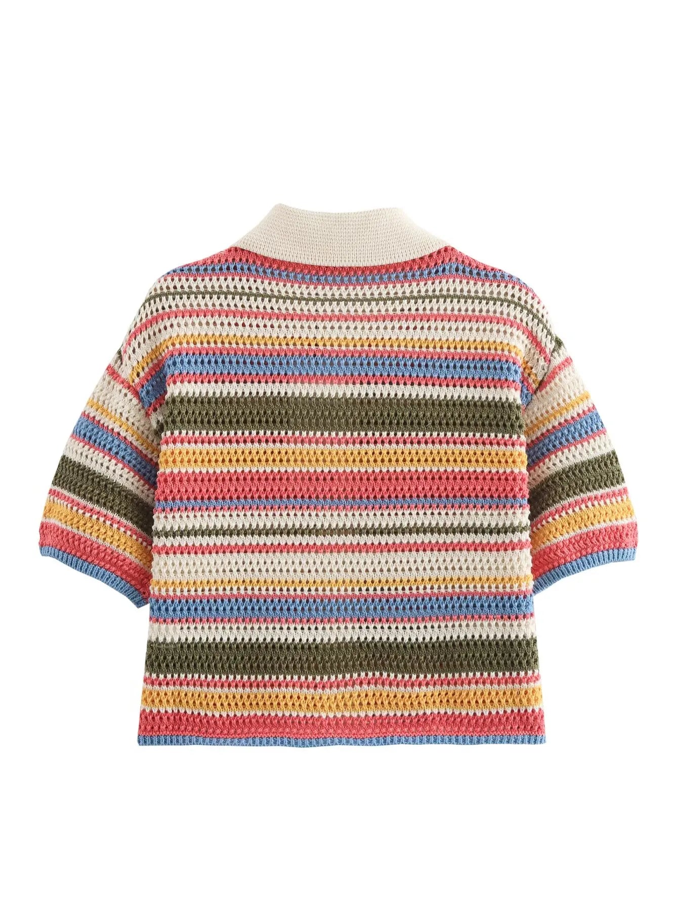 Color Stripe Knit Set Women Short Polo Neck Crop Top Retro Beach Shorts 2025 Summer Vacation Matching Outfit