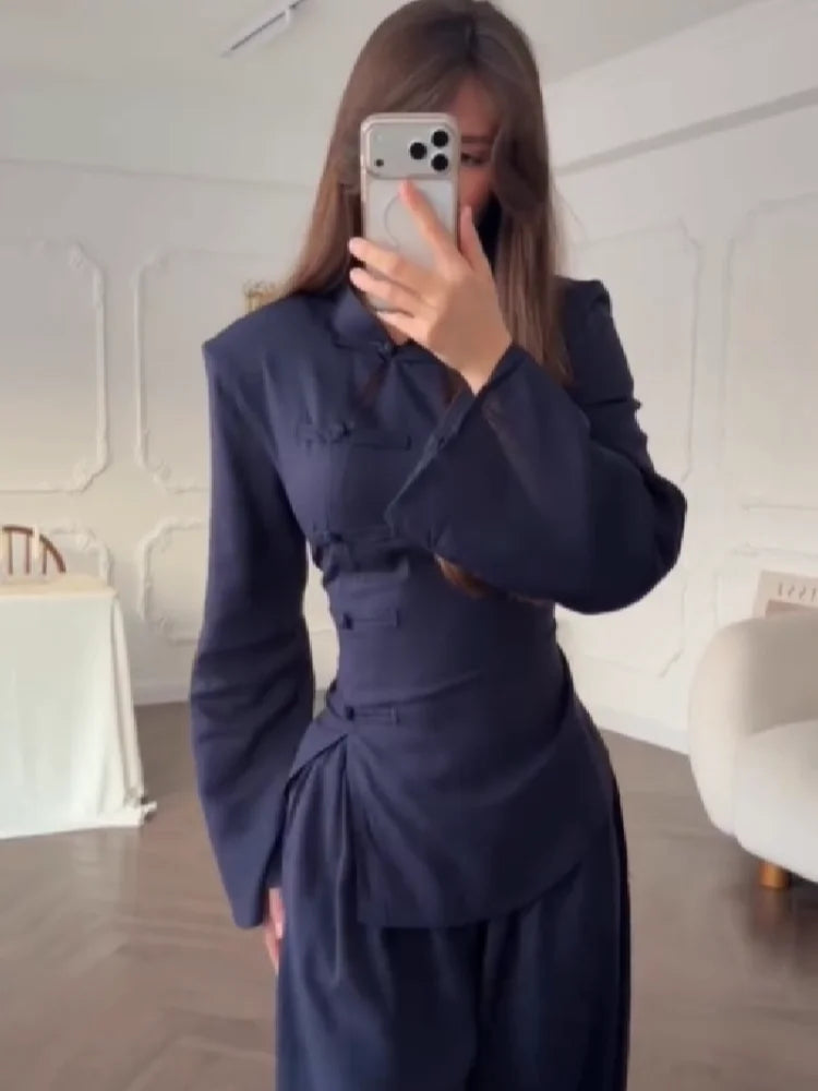 Modern Cheongsam Inspired 2 Piece Set for Women Elegant High Neck Waist Slimming Top Casual Wide Leg Pants 2026 New Commuting Clothing