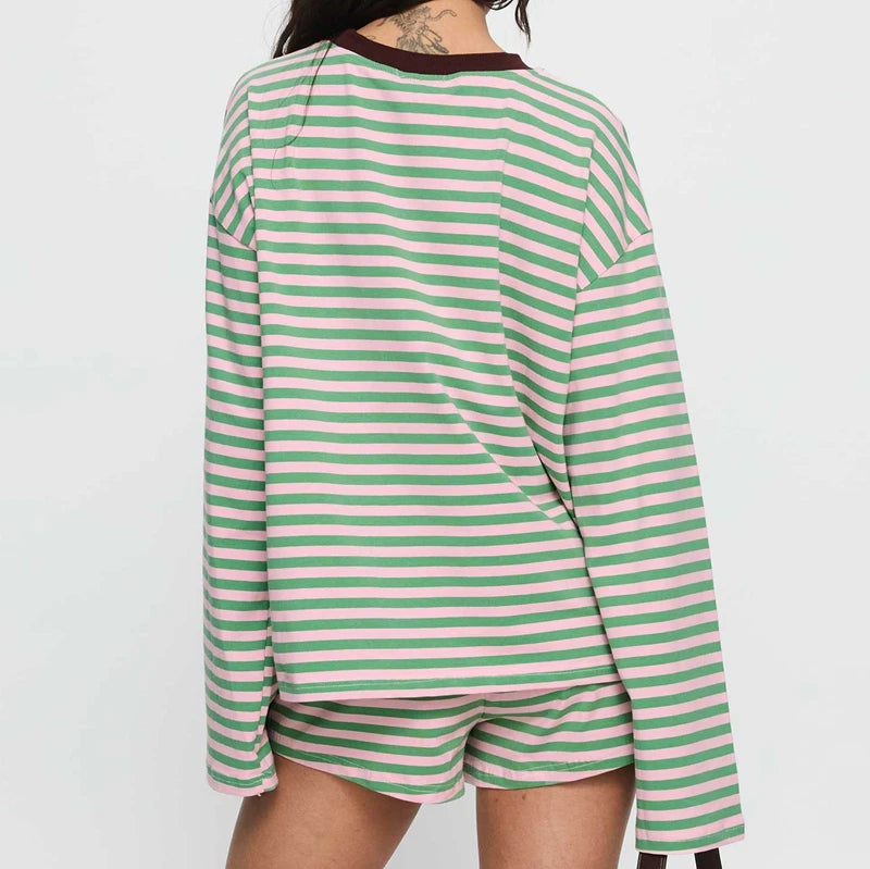 Women Matching 2 Piece Set Striped Lounge Set Preppy Oversized Long Sleeve T-Shirt Tops and Shorts Matching Suit Spring Fall Casual Outfits