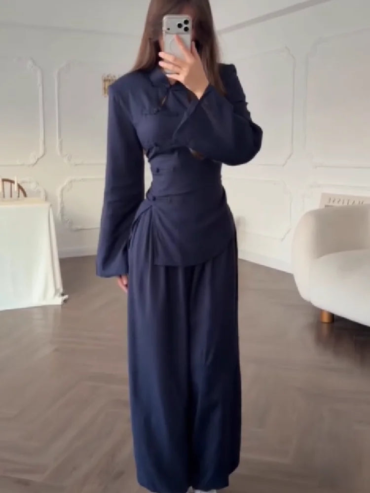 Modern Cheongsam Inspired 2 Piece Set for Women Elegant High Neck Waist Slimming Top Casual Wide Leg Pants 2026 New Commuting Clothing