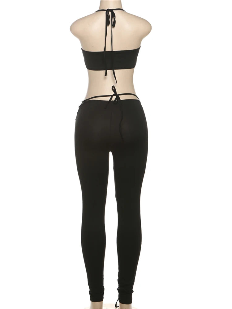 Matching 2 piece Set for Women Hipster Halter Camisole+Shirring Hollow Pants Midnight Matching Stretch Clubwear Skinny Outfits