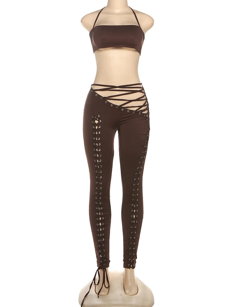 Matching 2 piece Set for Women Hipster Halter Camisole+Shirring Hollow Pants Midnight Matching Stretch Clubwear Skinny Outfits