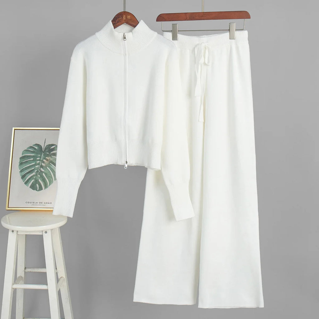 Women's Matching Sets Bornladies Women's New Knit Zip Up Cardigan Wide Leg Pants Set Soft Fabric Cropped Elastic Waist Autumn Winter Fashion Sweater