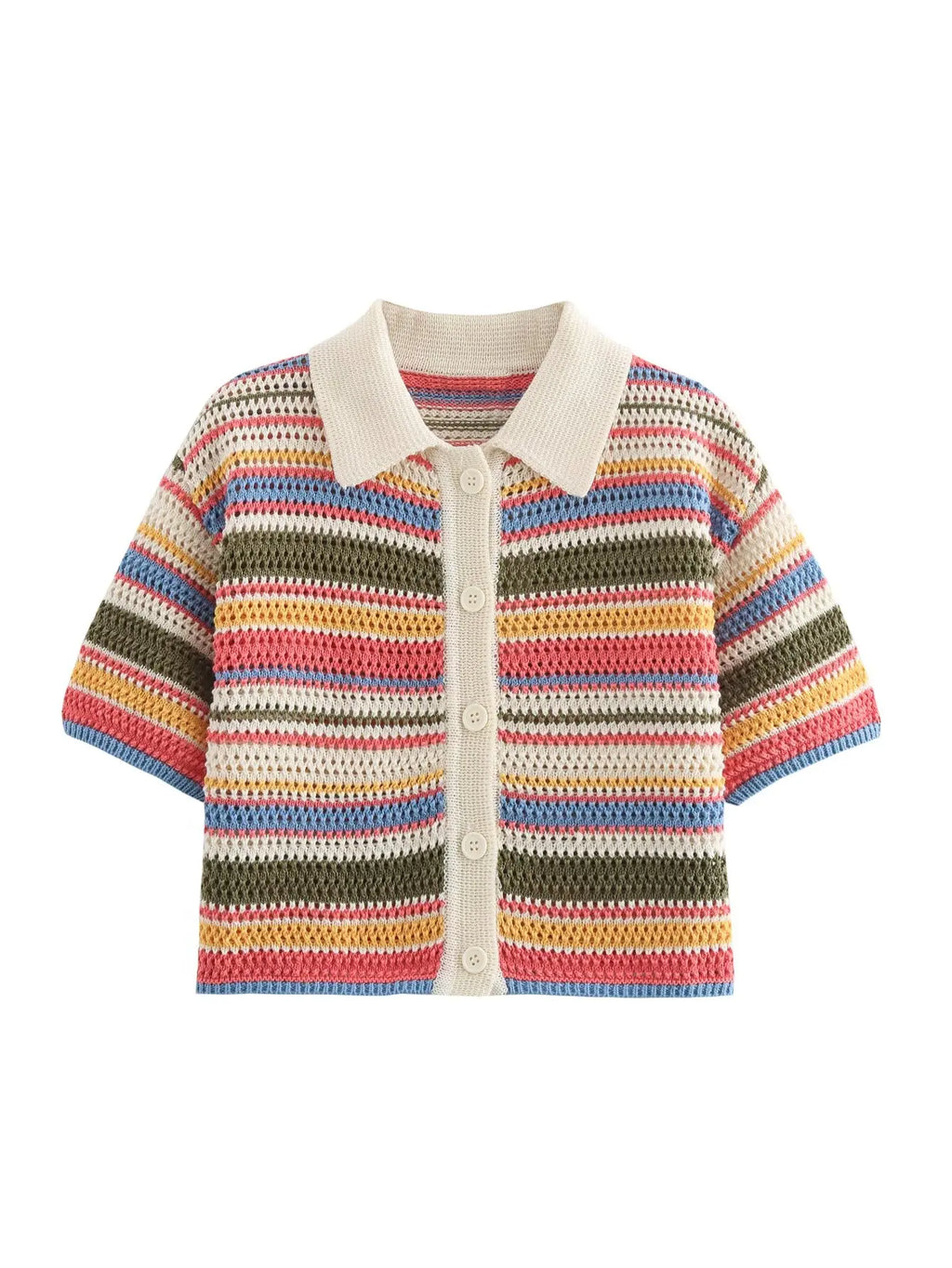 Color Stripe Knit Set Women Short Polo Neck Crop Top Retro Beach Shorts 2025 Summer Vacation Matching Outfit