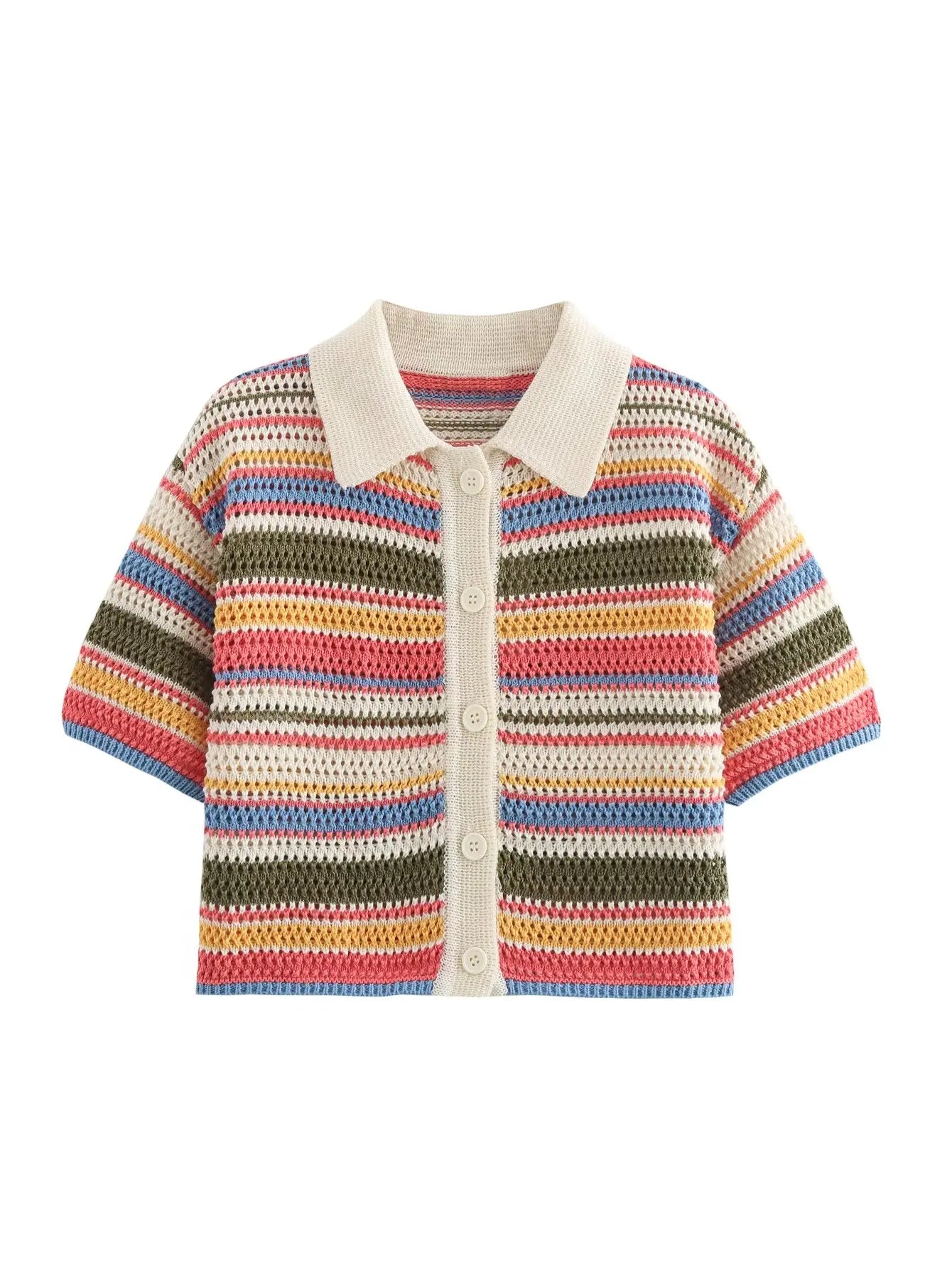 Color Stripe Knit Set Women Short Polo Neck Crop Top Retro Beach Shorts 2025 Summer Vacation Matching Outfit