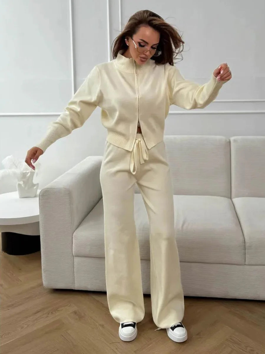 Women's Matching Sets Bornladies Women's New Knit Zip Up Cardigan Wide Leg Pants Set Soft Fabric Cropped Elastic Waist Autumn Winter Fashion Sweater