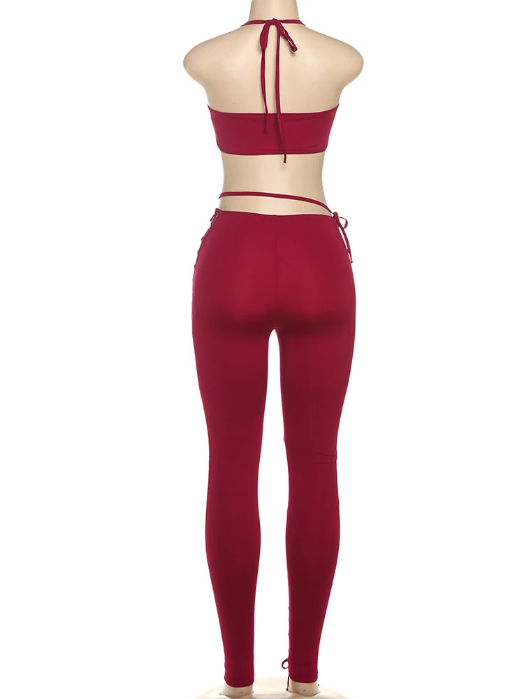 Matching 2 piece Set for Women Hipster Halter Camisole+Shirring Hollow Pants Midnight Matching Stretch Clubwear Skinny Outfits