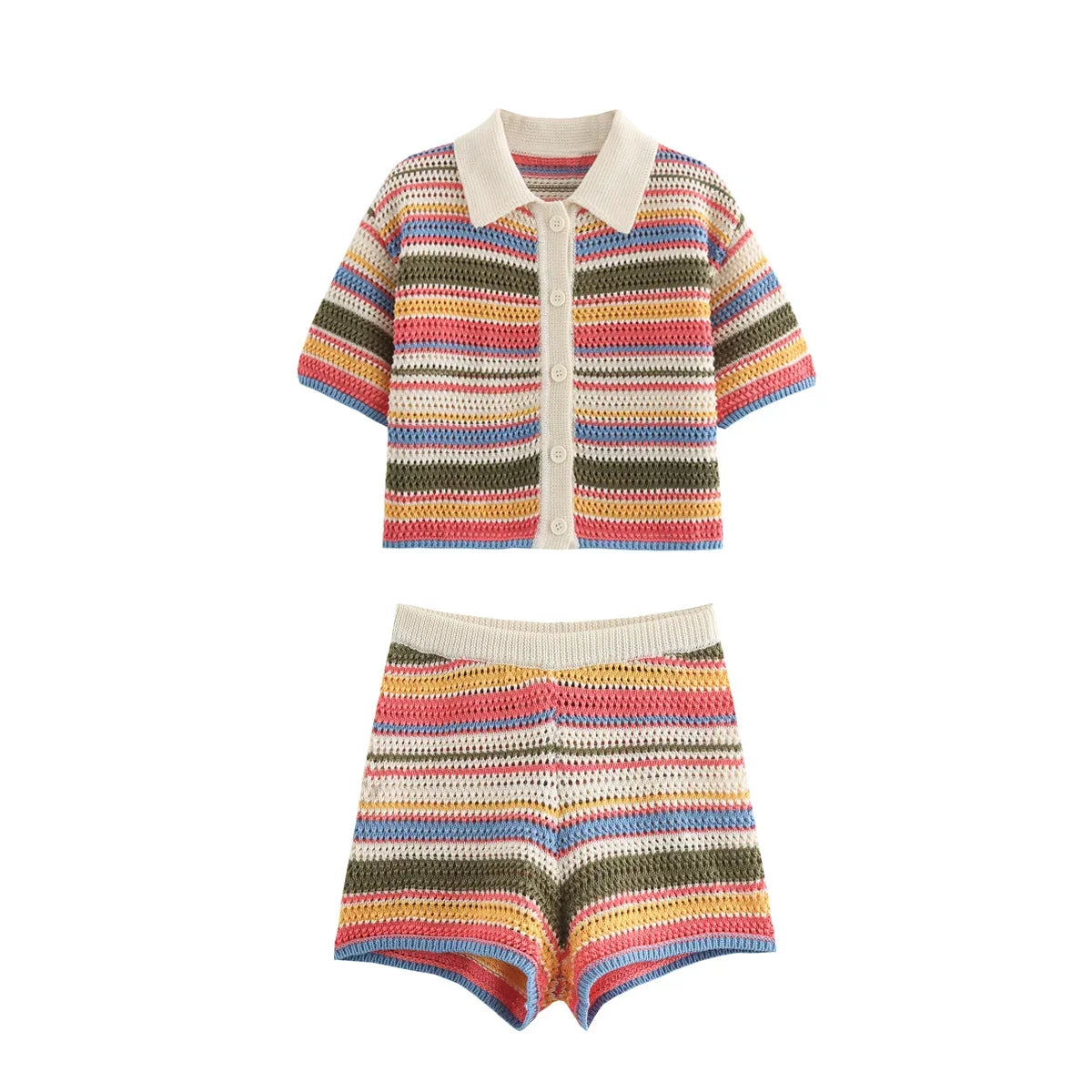 Color Stripe Knit Set Women Short Polo Neck Crop Top Retro Beach Shorts 2025 Summer Vacation Matching Outfit