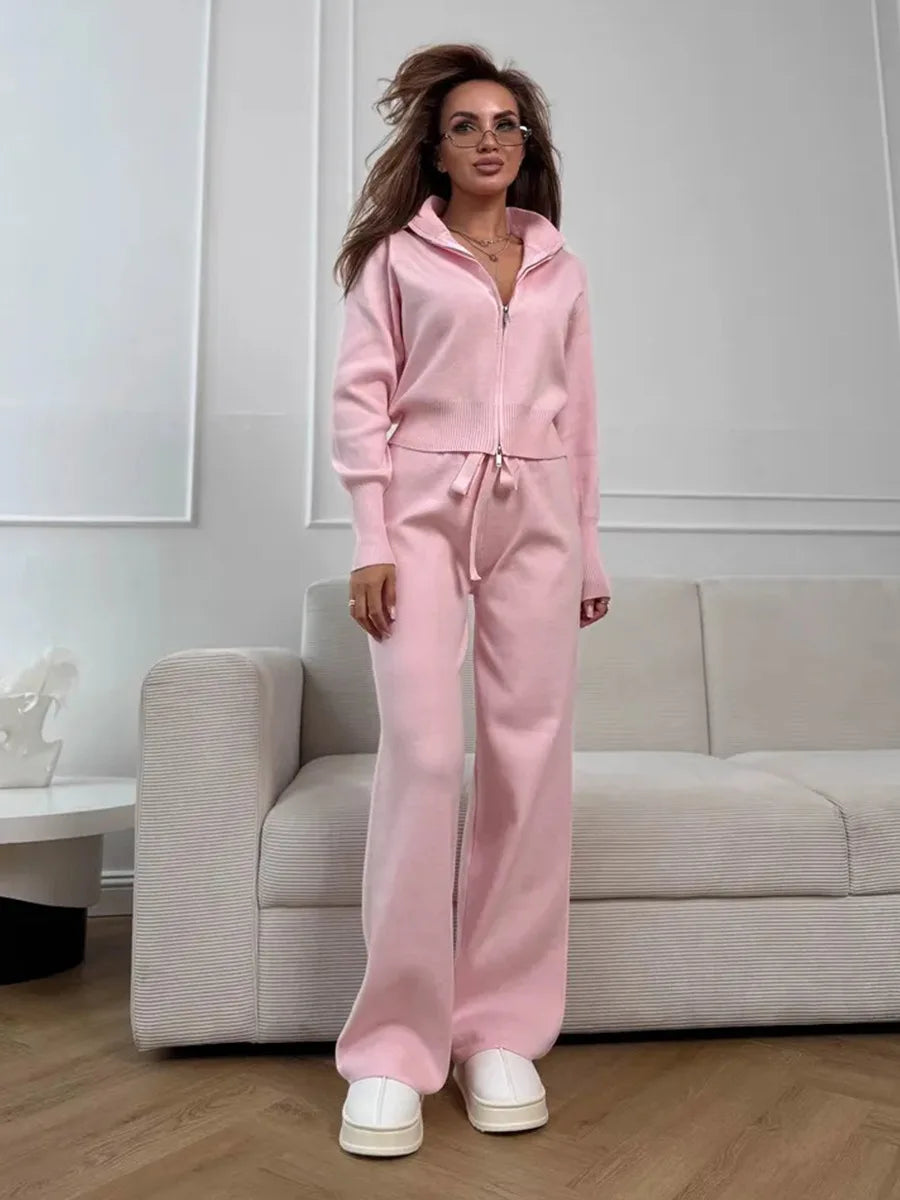 Women's Matching Sets Bornladies Women's New Knit Zip Up Cardigan Wide Leg Pants Set Soft Fabric Cropped Elastic Waist Autumn Winter Fashion Sweater