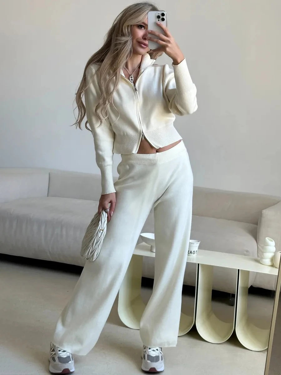 Women's Matching Sets Bornladies Women's New Knit Zip Up Cardigan Wide Leg Pants Set Soft Fabric Cropped Elastic Waist Autumn Winter Fashion Sweater