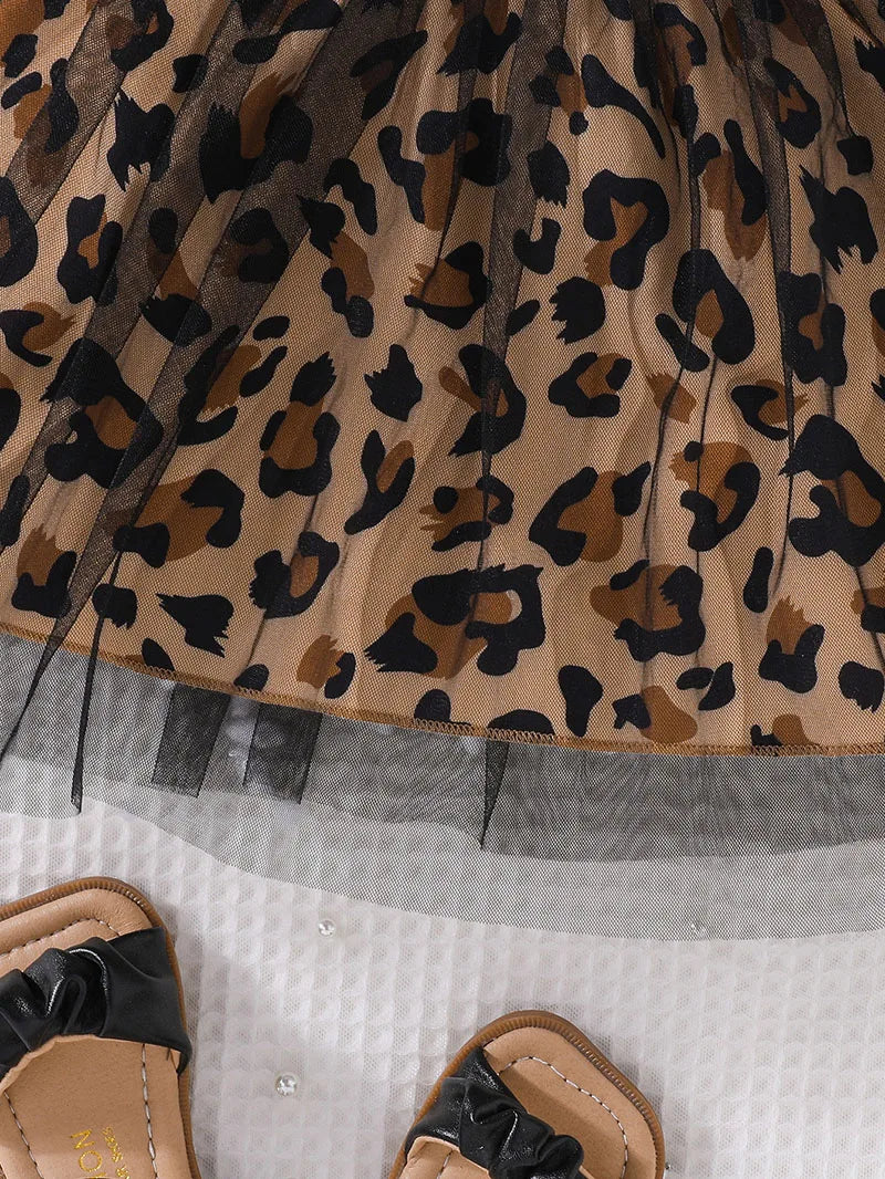 Children's Short Sleeve Dress 1-5Y Trendy Girls Patchwork Leopard Print Mesh Dresses Kid's Summer Clothes Girls Outfit