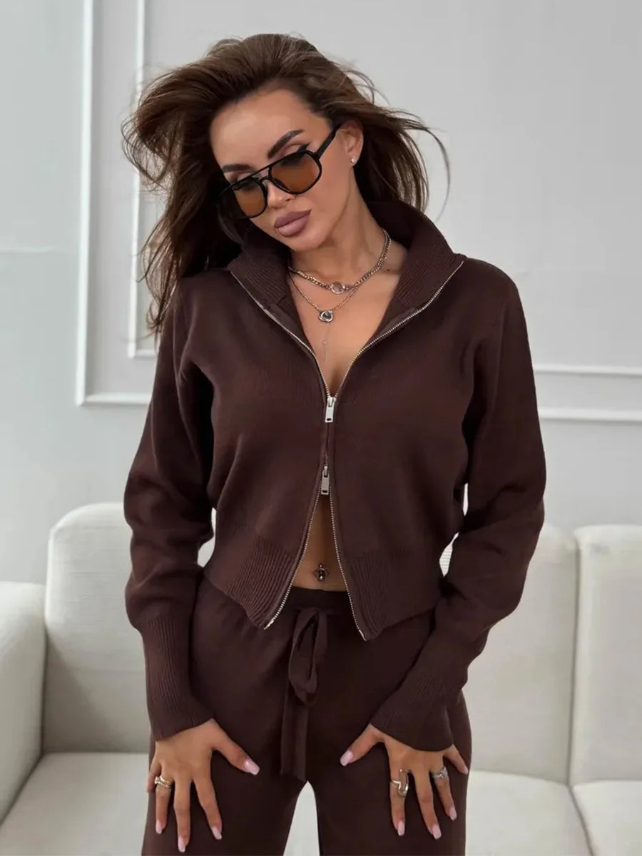 Women's Matching Sets Bornladies Women's New Knit Zip Up Cardigan Wide Leg Pants Set Soft Fabric Cropped Elastic Waist Autumn Winter Fashion Sweater