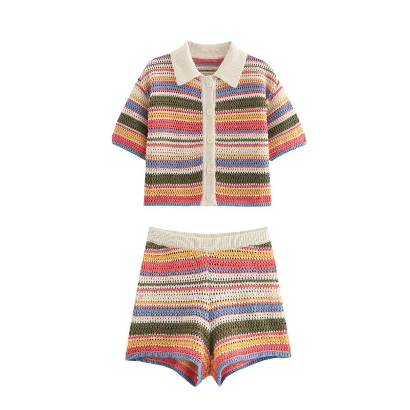 Color Stripe Knit Set Women Short Polo Neck Crop Top Retro Beach Shorts 2025 Summer Vacation Matching Outfit